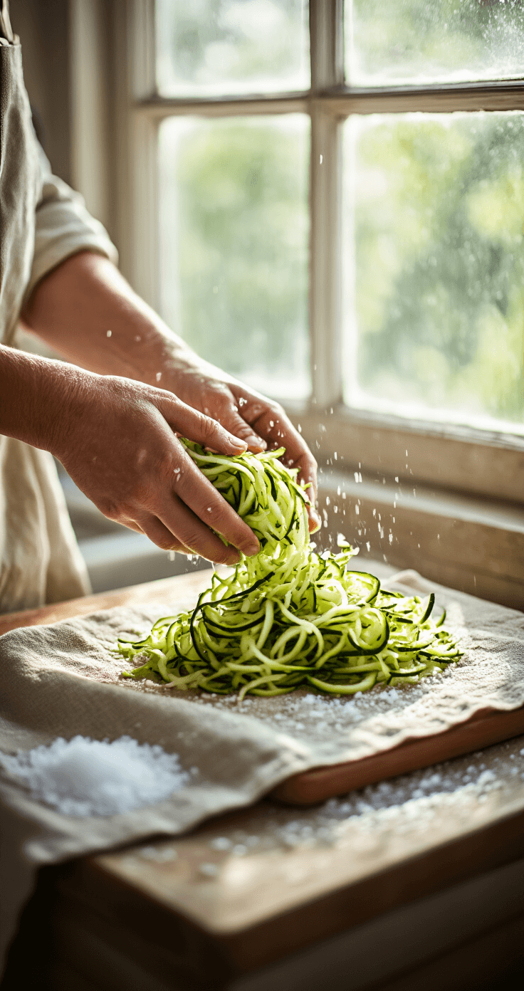 Knapperige Courgette Fritters - Simpel en Waanzinnig Lekker Ultra-detaillle culinaire scène van versgeraspte courgettes in een rustieke keuken, met natuurlijk licht dat door het raam stroomt, een versleten linnen keukendoek, grove zeezout bestrooid, waterdruppels zichtbaar, handen die vocht uit de felgroene groentestrepen knijpen, professionele foodfotografie stijl met scherpe focus en textuurdetails.