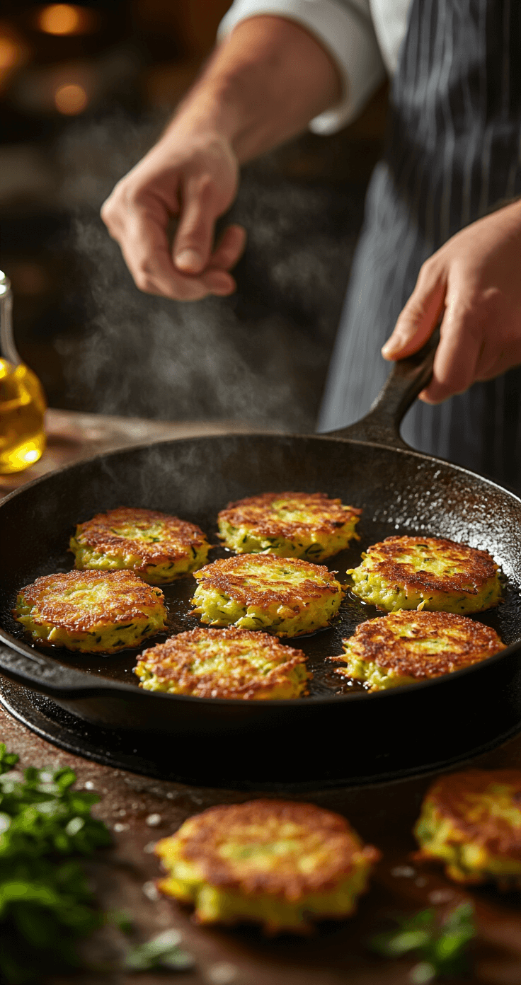Knapperige Courgette Fritters - Simpel en Waanzinnig Lekker Professionele keuken met een antieke gietijzeren pan, courgette fritters worden goudbruin gebakken, olijfolie glinstert, verse kruiden liggen verspreid, stoom rijst op, warme amberverlichting, knapperige randen van de fritters zichtbaar, handen van een professionele chef draaien de fritters voorzichtig, hyperrealistische voedsel fotografie die textuur en vochtigheid vastlegt.