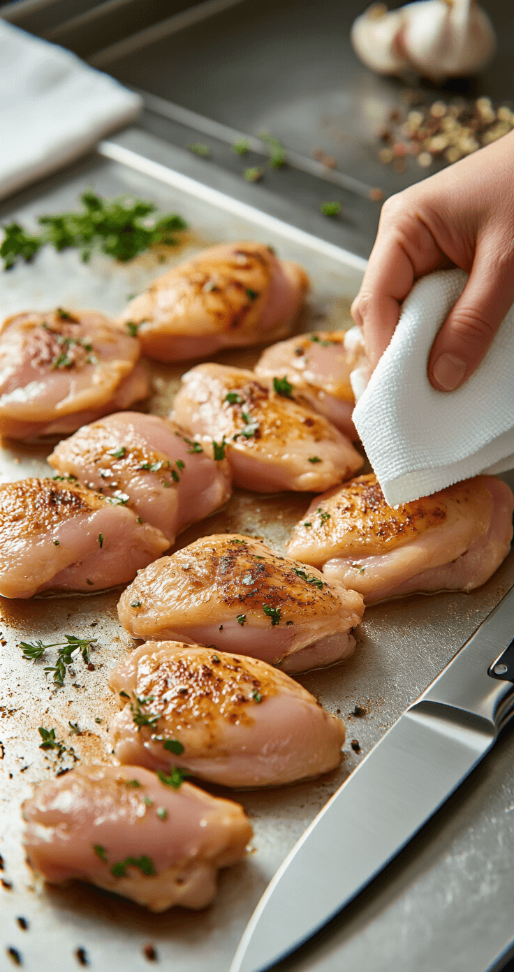 Keto Kip Cacciatore: Italiaanse Jachtstoofpot Zonder Koolhydraten Ultra-detaillering culinaire scène met rauwe kippenbouten die zorgvuldig worden droog gedept met witte papieren handdoeken, een gouden randkeukenmes in de buurt, zacht natuurlijk licht dat de textuur van het vlees benadrukt, een vlekkeloze roestvrijstalen aanrecht met verspreide kruiden en specerijen, hyperrealistische voedselfotografie stijl met zachte focus op de achtergrond.