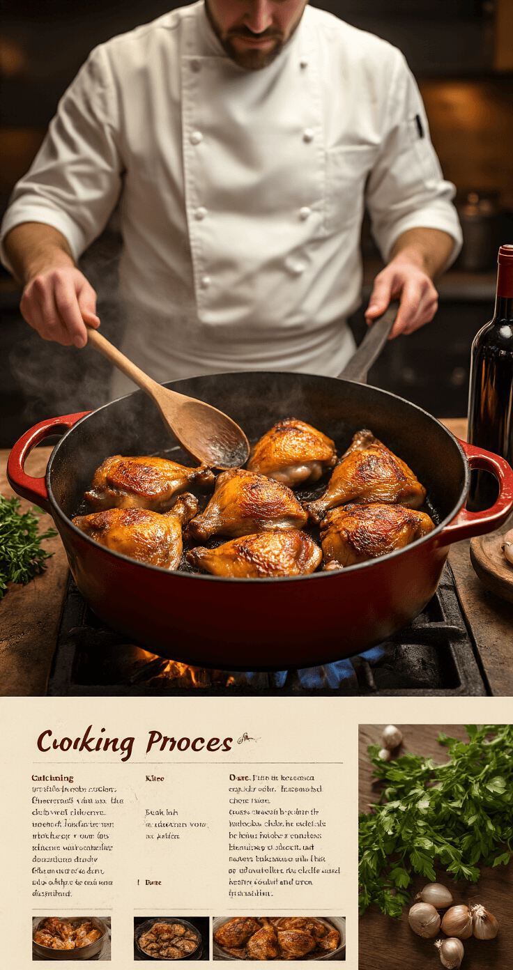 Keto Kip Cacciatore: Italiaanse Jachtstoofpot Zonder Koolhydraten Cinematic kitchen scene with a cast-iron Dutch oven, sizzling chicken pieces browning to golden perfection, chef's hands using a wooden spoon, warm lighting and dramatic shadows, wine bottle and herbs in the background, subtle steam rising.