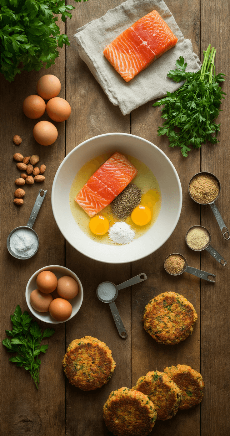 Keto Zalmpatties: Knapperig, Sappig en Klaar in 15 Minuten Bovenaanzicht van een rustieke houten keukentafel met verse ingrediënten zoals blikken zalm, amandelmeel, kruiden en eieren, verlicht door zacht natuurlijk ochtendlicht. Een wit keramisch mengkom staat centraal, omringd door vintage maatlepels, wat een gevoel van kalme culinaire voorbereiding oproept.