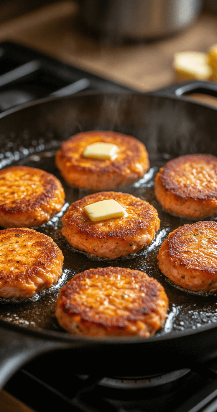Keto Zalmpatties: Knapperig, Sappig en Klaar in 15 Minuten Details van een gietijzeren pan met goudbruin gebakken zalmpatty's die sissen, met krokante randen en bubbels boter eromheen; vervaagde keukenachtergrond met opkomende stoom en dramatische zijbelichting die de textuur en vochtigheid van de patty's benadrukt, in een professionele voedselfotografiestijl met een warm, uitnodigend kleurenpalet.