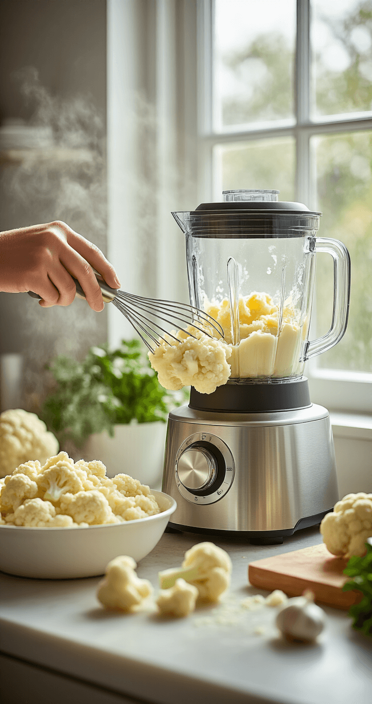 Bloemkool Shepherd's Pie: De Low-Carb Klassieker Die Je Niet Wilt Missen Een ultra-detaillistische weergave van een Nederlandse keuken met de perfecte mix van romige bloemkoolpuree, boter en knoflook in een glanzende roestvrijstalen blender, omringd door zachte natuurlijke lichtinval en professionele voedselstyling, tegen een heldere witte achtergrond.