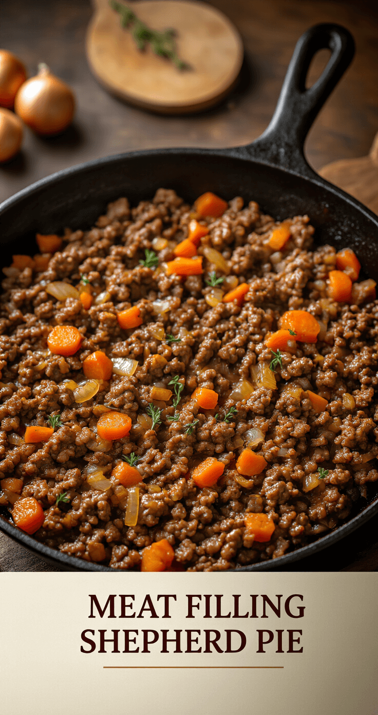 Bloemkool Shepherd's Pie: De Low-Carb Klassieker Die Je Niet Wilt Missen Rustic Dutch kitchen showcasing sizzling ground beef being browned in a large cast iron skillet, with caramelized meat and finely chopped onions and carrots, surrounded by aromatic herbs and warm amber lighting, capturing the authentic cooking atmosphere.