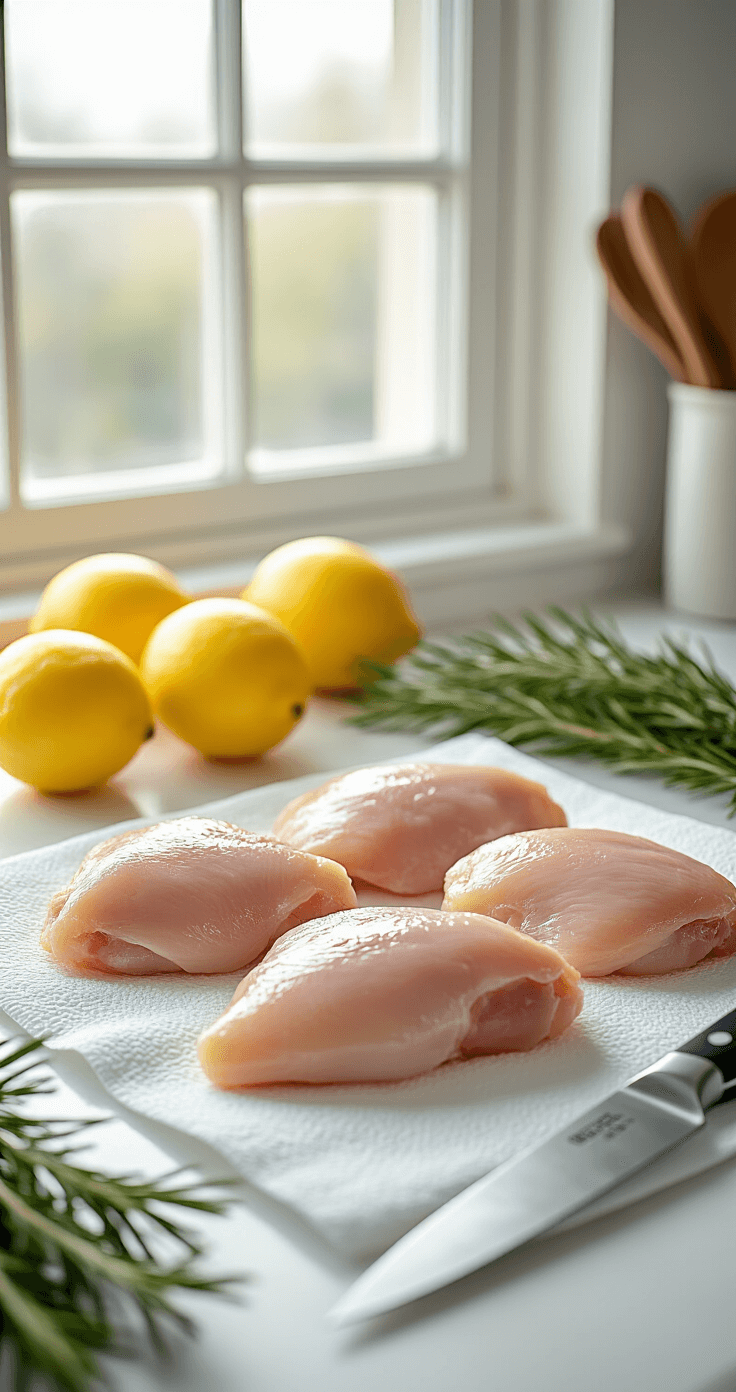 Gebakken Kipdijen met Citroen – Sappig, Knapperig en Klaar in 50 Minuten Een ultra-detaillistische culinaire scène in een nette keuken met rauwe kippendijen, zorgvuldig drooggepat, op frisse witte papiert towels, een scherp koksmes in de buurt, verse citroenen en takjes rozemarijn elegant gerangschikt, met zacht ochtendlicht dat door het keukenraam valt en een professionele voedsel fotografie-esthetiek creëert met haarscherpe focus op textuur en voorbereidingsdetails.