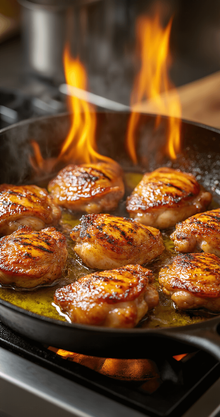 Gebakken Kipdijen met Citroen – Sappig, Knapperig en Klaar in 50 Minuten Actiefoto van goudbruin gebraden kipdijen in een gietijzeren pan, met perfect krokante huid en glanzend oppervlak van boter en olijfolie, vlammen langs de rand van de pan, in een professionele keuken met zachte focus.