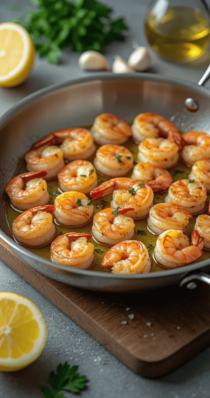 Keto Garnalen Scampi – Romige Knoflook-Citroen Garnalen in 20 Minuten Ultra-gedetailleerde culinaire scene met perfect gebakken garnalen in een roestvrijstalen pan, omringd door geurige knoflook, citroenpartjes, peterselie en witte wijn, met zachte belichting die textuur en vocht accentueert.