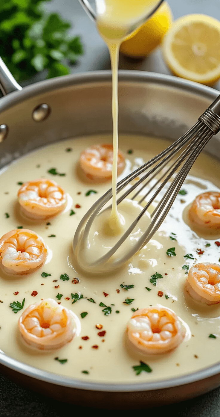 Keto Garnalen Scampi – Romige Knoflook-Citroen Garnalen in 20 Minuten Close-up van een romige witte wijn- en roomsaus die wordt geklopt in een glanzende koperen pan, met op de achtergrond verse citroensap en kruiden zoals Italiaanse kruiden en rode pepervlokken. Softe gedimde lichtval benadrukt de glanzende consistentie van de saus.