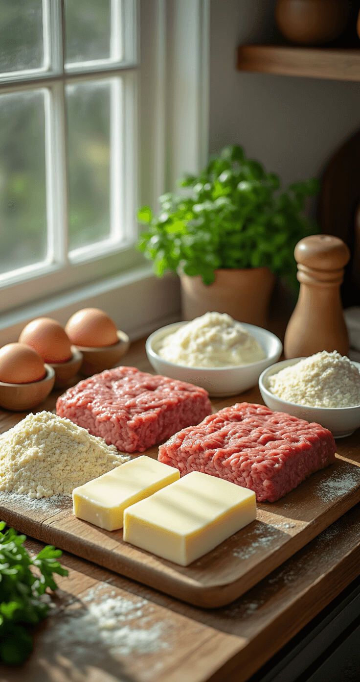 Keto Saucijzenbroodjes: Krokante Koolhydraatarme Nederlandse Klassieker Ultra-detaillierte Nahaufnahme van zorgvuldig georganiseerde ingrediënten voor saucijzenbroodjes, waaronder mozzarella, amandelmeel, rundergehakt en vers ei, verlicht door natuurlijk licht op een rustieke Nederlandse keukenaanrecht.