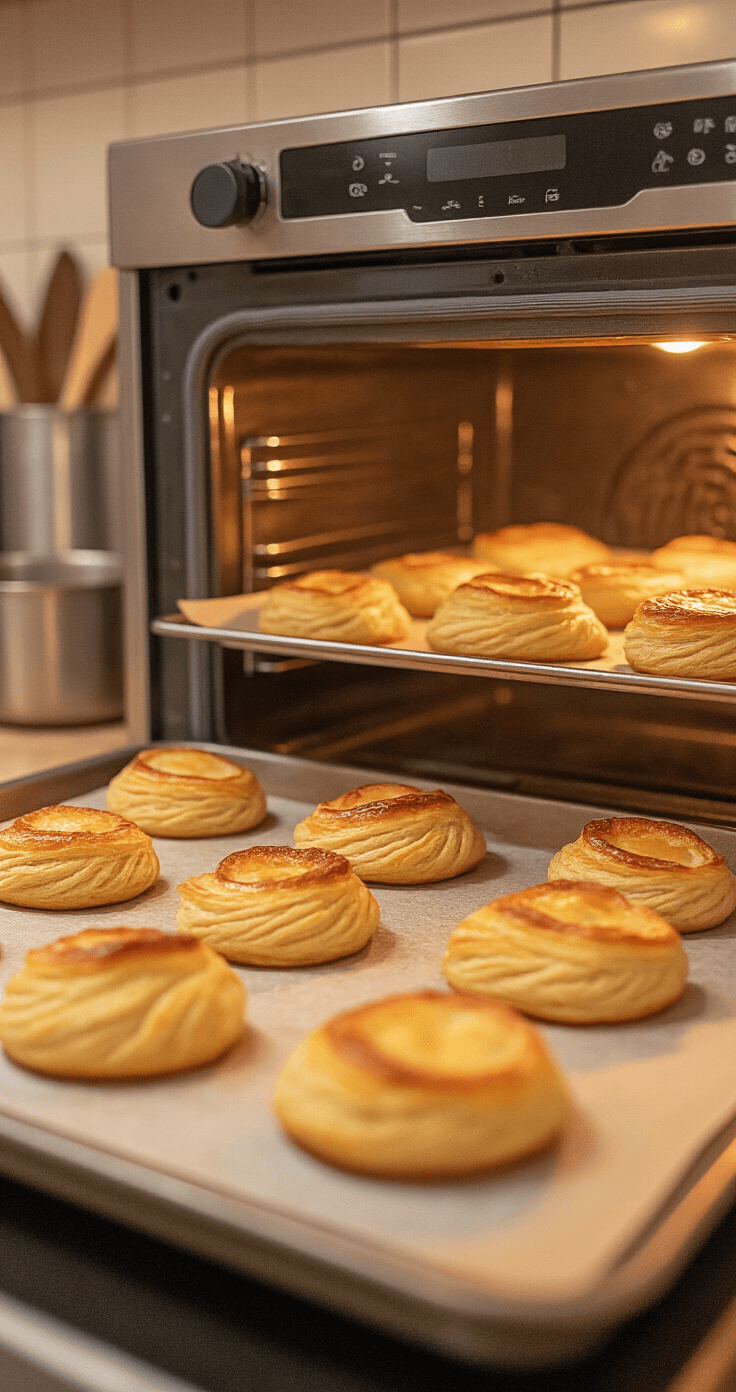 Keto Saucijzenbroodjes: Krokante Koolhydraatarme Nederlandse Klassieker Professionele keuken met gouden keto saucijzenbroodjes in de oven, lichte stoom en warme verlichting benadrukken de perfect gevouwen bladerdeeggebakjes op bakpapier.