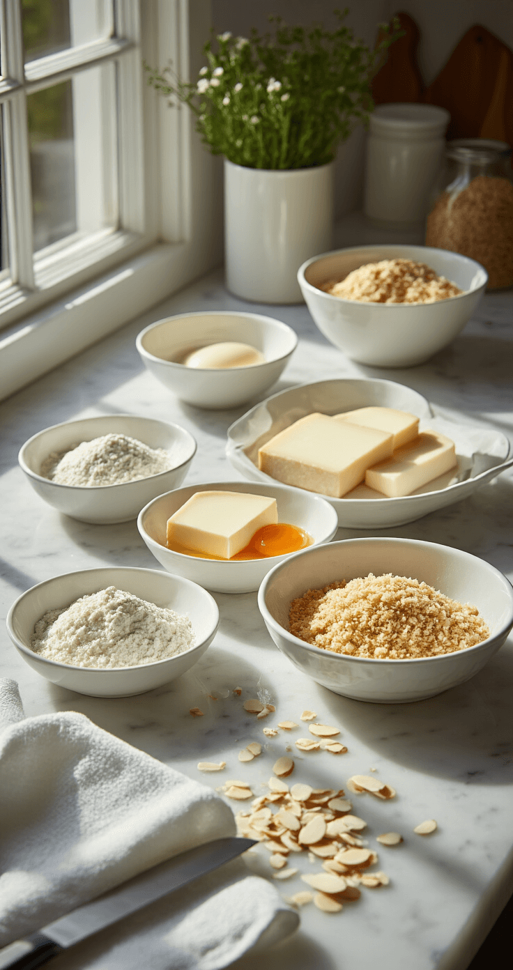 Gebakken Brie met Amandelen: Krokant Buiten, Romig Binnen Closeup of a professional kitchen workspace featuring precisely sliced brie wedges and a three-stage breading station with white ceramic dishes containing flour, whisked eggs, and a panko-almond mixture, illuminated by northern European daylight.