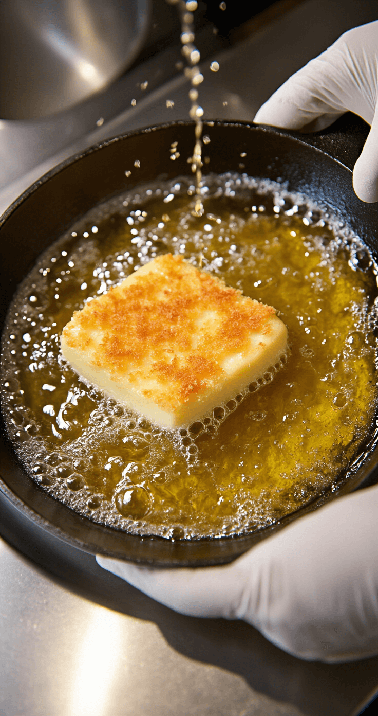 Gebakken Brie met Amandelen: Krokant Buiten, Romig Binnen Dramatisch bovenaanzicht van een gietijzeren skillet met bubbels en goudkleurige olie op 180 graden, terwijl een broodje brie voorzichtig in de hete olie wordt gezakt. Druppels olie creëren lichtreflecties, met subtiele stoom. Professionele keuken op de achtergrond met roestvrijstalen oppervlakken, terwijl de handen van de chef in witte keukenshandschoenen zacht vervaagd zijn. Cinematische belichting benadrukt de gouden-bruine korst, en legt het split-second transformeren van koude brie naar een knapperige, gesmolten delicatesse vast. Precieze culinaire actie bevroren in de tijd met opmerkelijke details en kleurensaturatie.