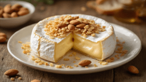 Gebakken Brie met Amandelen: Krokant Buiten, Romig Binnen Dramatic close-up of crispy baked brie with almonds on white porcelain, featuring a golden-brown panko crust breaking open to reveal warm, creamy cheese, garnished with chopped almonds, fresh thyme, and honey droplets, with steam rising subtly; in the background, a cast-iron pan with bubbling hot oil.