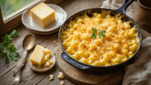Bloemkool Mac and Cheese: De Ultieme Gezonde Twist op een Klassieke Favoriet Cinematische bovenaanzicht van bloemkool mac and cheese met geraspte kaas, verse bloemkoolroosjes, en een dampende gietijzeren pan, omgeven door vintage koperen lepels en warme ochtendlicht op een verweerde houten tafel.