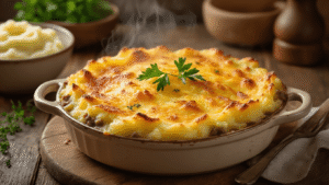 Bloemkool Shepherd's Pie: De Low-Carb Klassieker Die Je Niet Wilt Missen Ultra-detailed scene of Dutch cuisine featuring a perfect cauliflower shepherd's pie in a rustic baking dish, topped with creamy white cauliflower puree over golden-brown minced meat with carrots and peas, warm golden lighting, rising steam, fresh herbs as garnish, soft shadows, professional food styling against a clean white background, cinematic textures, and a cozy atmosphere.