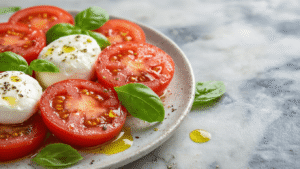 Caprese Salade: Het Ultieme Italiaanse Zomergerecht in 10 Minuten Ultradetaillierte Nahaufnahme einer frischen Caprese-Salat-Zutatenanordnung auf rustikalem Marmoruntergrund, einschließlich glanzender, reifer Tomaten, cremiger Mozzarella, frischer Basilikumblätter und künstlerisch tropfender goldener Olivenölakzente.