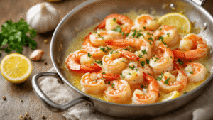 Keto Garnalen Scampi – Romige Knoflook-Citroen Garnalen in 20 Minuten Cinematische close-up van sizzlende garnalen in romige knoflooksaus, omringd door gouden boter, verse peterselie, citroenpartjes en kruiden, met een achtergrond van een marmeren aanrecht.