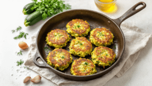 Knapperige Courgette Fritters - Simpel en Waanzinnig Lekker Knapperige courgette fritters met feta en kruiden in een gietijzeren pan, omgeven door verse ingrediënten en warme verlichting, met een uitnodigende huiselijke sfeer.