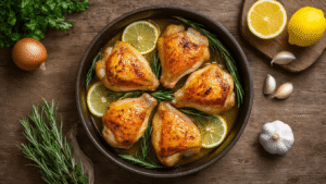 Gebakken Kipdijen met Citroen – Sappig, Knapperig en Klaar in 50 Minuten Ultra-detailed culinary scene of perfectly golden-brown roasted chicken thighs with crispy skin, garnished with lemon juice, fresh rosemary, and chopped garlic, in a rustic baking dish on a weathered wooden table, with fresh lemon slices, warm side lighting, steamy texture, and a cozy kitchen atmosphere.