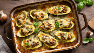 Gevulde Courgettebootjes met Gehakt en Kaas Cinematische afbeelding van gevulde courgettebootjes met rundergehakt en gesmolten Parmezaanse kaas in een rustieke ovenschaal, verlicht door warm keukenlicht met verse basilicum en courgette resten op de achtergrond.