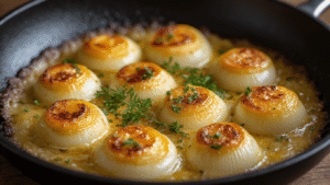 Citroen-Knoflookboter Coquilles: Restaurant-Waardig in 20 Minuten Perfectly seared scallops with a golden crust sizzling in a cast iron pan, surrounded by melted garlic butter and fresh parsley, garnished with bright lemon slices, showcasing rich textures and warm lighting in a professional kitchen setting.