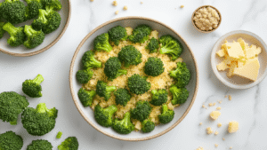Kaasbroccoli Hapjes: Knapperige Bites vol Kaas en Groente Cinematisch bovenaanzicht van kaasbroccoli hapjes op een wit marmeren oppervlak, omringd door broccoli roosjes, geraspte kaas, aardappelen en goudkleurig paneermeel, met warme studio verlichting en rustieke lepels.