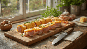 Kalkoen-kaas Rolletjes: Het Ultieme Laagkoolhydraat Snack Recept Ultra-realistisch close-up van kalkoen-kaas rolletjes met augurk, verlicht door ochtendlicht, op houten snijplank met een scherp mes en cocktailprikkers, gegarneerd met verse kruiden.