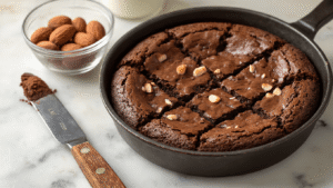 Keto Brownies Recept Warm kitchen bathed in golden morning light, featuring glass bowl of almond flour, sprinkled cocoa powder, glossy melted coconut oil, keto brownies in a vintage skillet on a marble countertop, rich chocolate texture with a shiny crust, chocolate crumbs on a knife, rustic wooden cutting board, soft shadows, cinematic lighting, warm brown tones, inviting atmosphere, food photography style, macro details of ingredient textures.