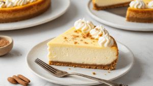 Ultieme Keto Cheesecake: Heerlijk Laagkoolhydraat Dessert Close-up van een perfecte plak keto cheesecake met amandelmeel korst en roomkaas vulling, geserveerd op een wit bord, omringd door ingrediënten en frisse bessen.