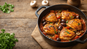 Keto Kip Cacciatore: Italiaanse Jachtstoofpot Zonder Koolhydraten A cast iron Dutch oven filled with golden-brown chicken thighs in rich tomato sauce, surrounded by colorful bell pepper strips, mushrooms, and Kalamata olives, with wisps of steam rising, garnished with fresh parsley, on a rustic wooden background scattered with herbs and red wine, featuring hyperrealistic textures and warm Mediterranean colors in a professional food photography style.
