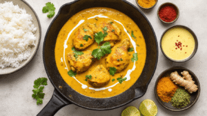 Keto Kipcurry: Romige Laagkoolhydraat Curry in 40 Minuten Warm en uitnodigende keukenscène van een keto kipcurry in een zwarte gietijzeren pan, met romige kokosmelksaus, goudbruine kip, verse koriander, limoenpartjes en kleurrijke kruiden in kommetjes, onder zachte verlichting op een rustiek houten aanrecht.