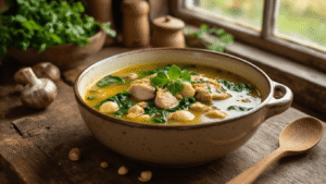 Keto Kippensoep: Comfort Food Zonder Schuldgevoel Dampende kom keto kippensoep met malse kipblokjes, champignons en verse spinazie op een rustieke houten tafel, omgeven door warme aardetinten en vintage keuken elementen, met keramieke kom en houten lepel, sfeervol verlicht door natuurlijk licht.