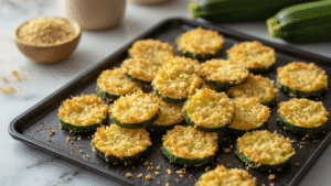 Keto Courgettechips: Knapperige Chips in 30 Minuten Perfectly baked keto courgette chips with almond flour and parmesan coating on a black baking tray, showcasing crisp golden edges, alongside a mandoline, a bowl of herbs, and a warm, inviting kitchen atmosphere.