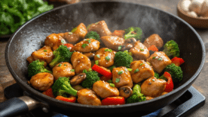 Keto Kip Roerbak: Lekker Laagkoolhydraat in 30 Minuten Dramatische culinaire scène van keto kip roerbak in een gietijzeren wok met goudbruine kip en kleurrijke groenten, besprenkeld met sesamzaadjes en stoom die omhoog stijgt.