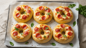 Keto Pizza Bagels: Jouw Nieuwe Low-Carb Obsessie Cinematisch bovenaanzicht van zes gouden keto pizza bagels met gesmolten mozzarella en mini pepperoni, geserveerd op wit bakpapier in een professionele keuken, omgeven door ingrediënten zoals amandelmeel, roomkaas en Italiaanse kruiden, met een warme, uitnodigende sfeer.