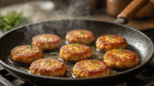 Keto Zalmpatties: Knapperig, Sappig en Klaar in 15 Minuten Extreme close-up van krokante zalmpatties die sissen in een gietijzeren pan met gesmolten boter, vergezeld van verse dille en warme, gouden tinten.