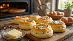 Keto Saucijzenbroodjes: Krokante Koolhydraatarme Nederlandse Klassieker Close-up van goudbruine keto saucijzenbroodjes op een houten keukentafel, gestoomd vanuit de oven met ingrediënten zoals kaasdeeg, rundergehakt en eieren. Warme, gezellige Nederlandse keuken met natuurlijk licht, benadrukt de textuur en glans van de saucijzenbroodjes.