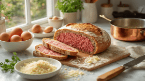Keto Gehaktbrood: Het Ultieme Low-Carb Recept Zonder Broodkruimels Cinematische weergave van een Nederlandse keukentafel met ingrediënten voor keto gehaktbrood, waaronder rood gehakt, ontbijtspek, rode ui, eieren, amandelmeel, en geraspte Parmezaan, omgeven door warme ochtendlicht en een witte marmeren werkblad, met een gezellige sfeer en verse peterselie als garnering.