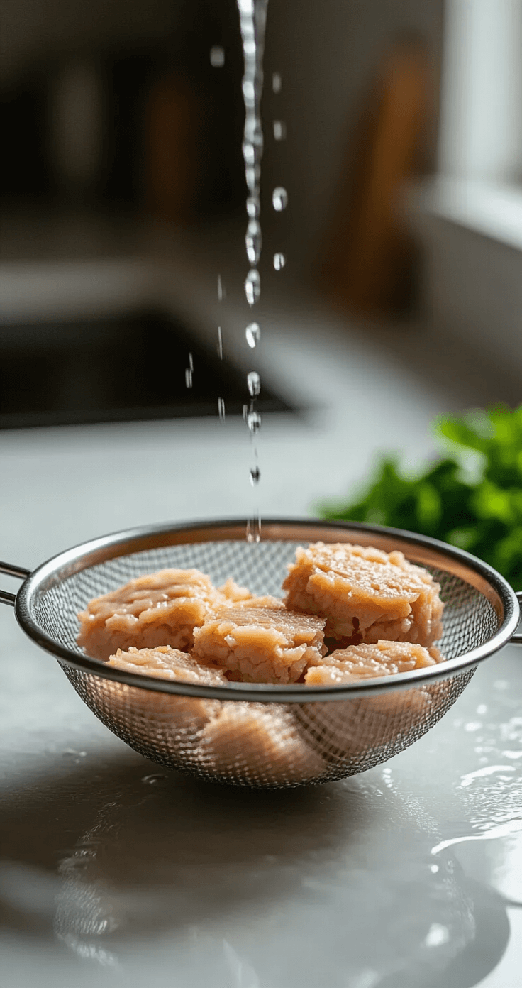 Keto Tonijnkoekjes: Verrassend Lekker en Klaar in 20 Minuten Dichtbij van perfect uitgelekte tonijn in een fijne zeef, water druppelt weg, met een strakke keukenachtergrond, zacht natuurlijk licht benadrukt de natte textuur van de vis, professionele voedsel fotografie stijl, scherpe details, minimalistische compositie.