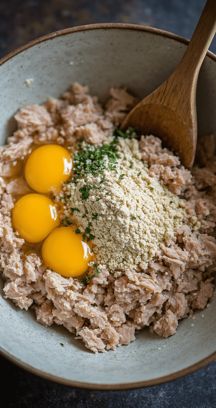 Keto Tonijnkoekjes: Verrassend Lekker en Klaar in 20 Minuten Bovenaanzicht van een keramieken mengkom met ingrediënten voor tonijnkoekjes - verkruimelde tonijn, geklopte eieren, amandelmeel, bestrooid met kruiden, houten lepel gedeeltelijk zichtbaar, in gedempte aardetinten met zachte, diffuse keukenverlichting, gedetailleerde textuur van de ingrediënten en focus op de consistentie van het mengsel.