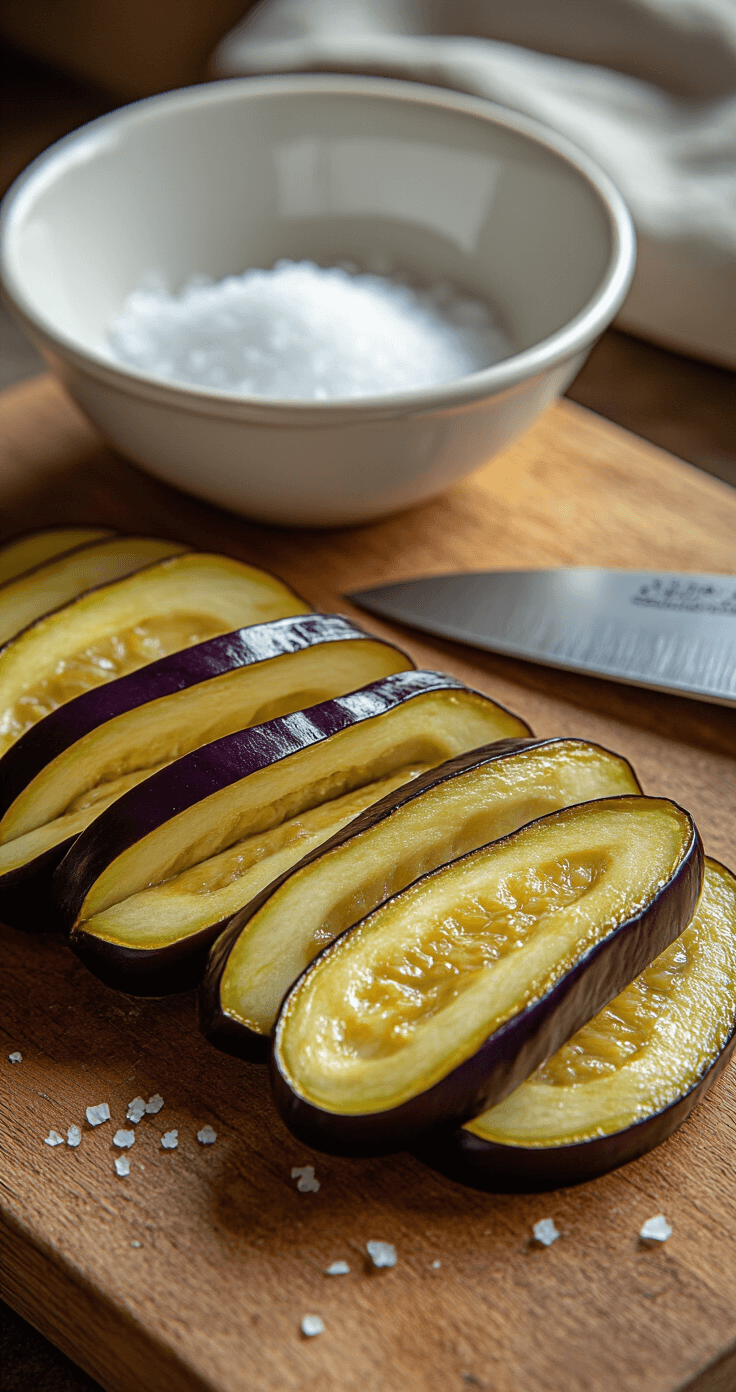 Gebakken Aubergine Frietjes: Knapperig, Gezond en Belachelijk Lekker Ultra-detaillle close-up van vers gesneden aubergine strips op een rustieke houten snijplank, met uniforme 1,5 cm dikke sneden, zacht natuurlijk ochtendlicht dat subtiele schaduwen werpt, een vlijmscherpe keukenmes in de buurt, een onberispelijke witte keramische kom gevuld met zeezout, minimalistische en schone Nederlandse keuken esthetiek, texturen van de aubergine schil zichtbaar, cinematografische foodfotografie stijl.