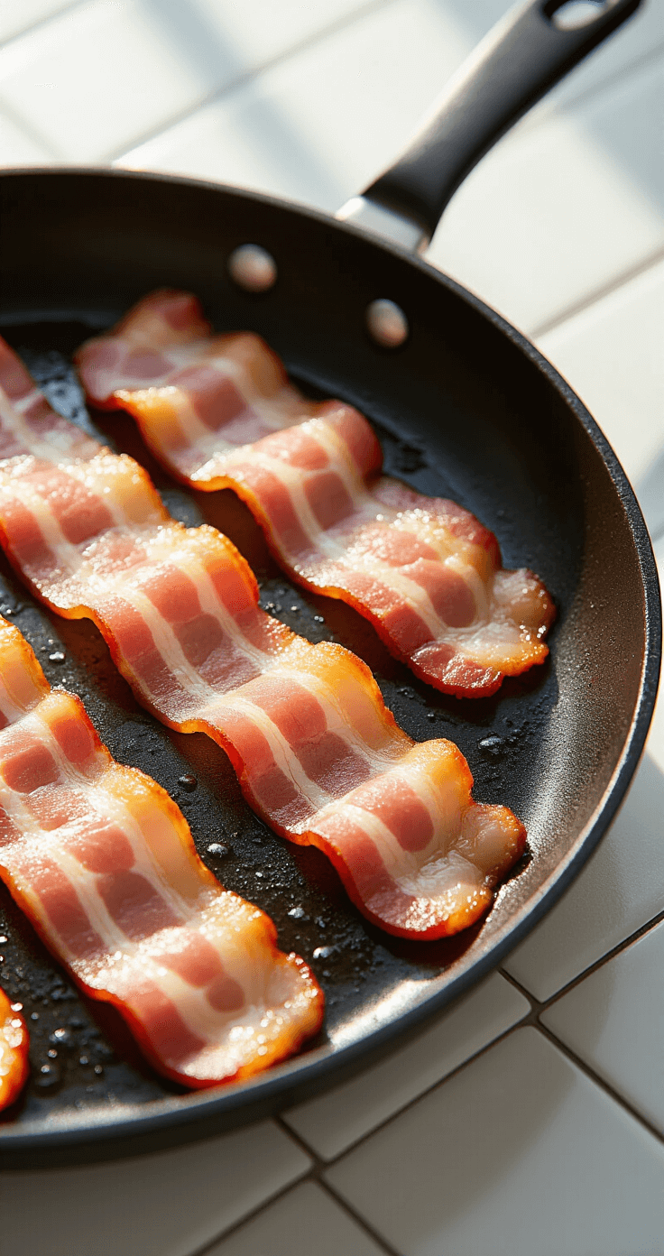 Keto BLT Wraps: Knapperig, Smaakvol en in 15 Minuten Klaar Close-up van krokante, gouden spek die sizzelt in een koude pan op middelhoog vuur, zonlicht dat over de koekenpan stroomt, druppels gesmolten vet glinsteren, perfect uitgelijnde spekstrips beginnen te krullen en krokant te worden aan de randen, keukenblad met pristine witte tegels in een zachte focus op de achtergrond, hooggedetailleerde textuur van het oppervlak van het spek.