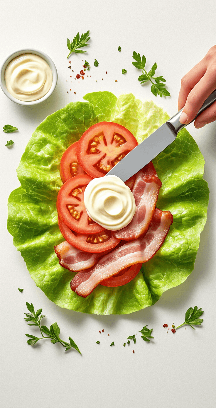 Keto BLT Wraps: Knapperig, Smaakvol en in 15 Minuten Klaar Bovenaanzicht van een keto BLT-wrap in voorbereiding met knapperige romaine sla, glanzende tomaatplakken, mayonaise die met een zilveren mes wordt uitgesmeerd, strategisch geplaatste bacon en verse kruiden, natuurlijk daglicht en professionele foodstyling.