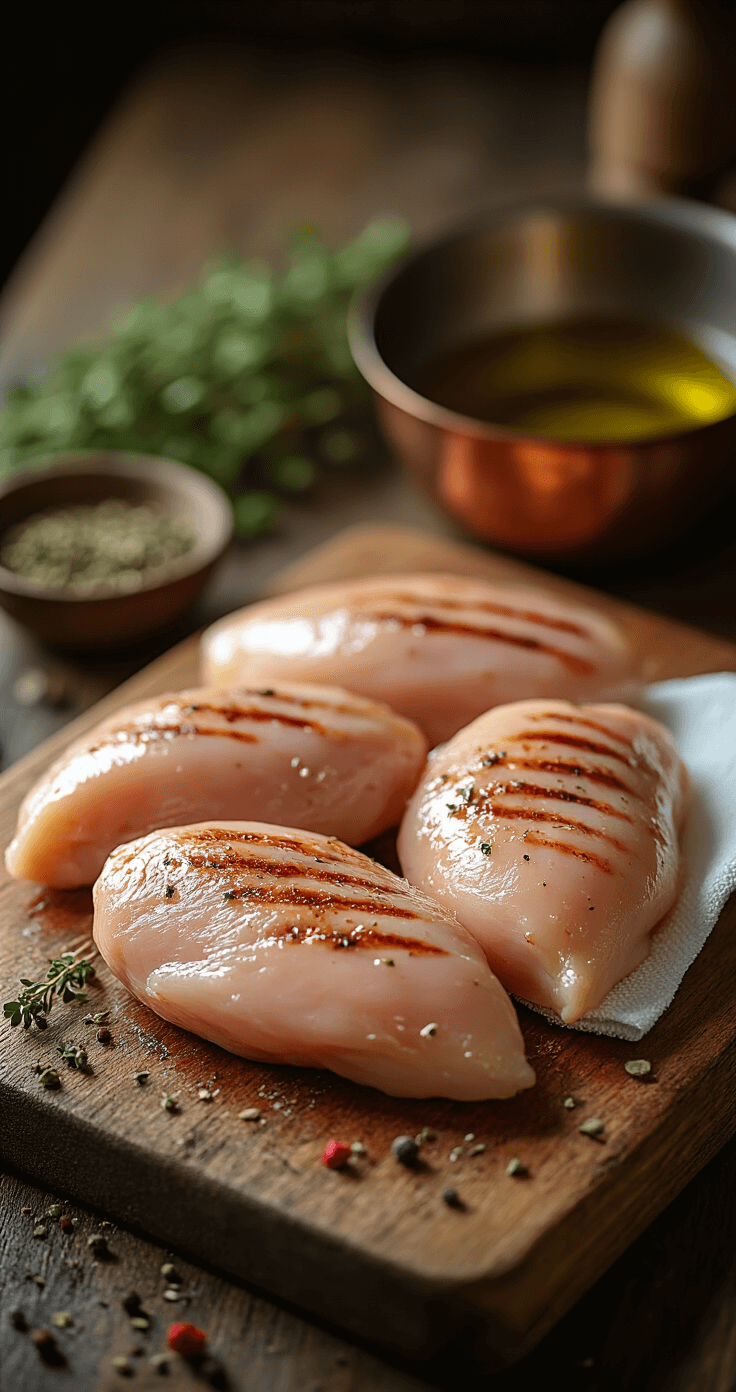 Gegrilde Kip met Avocado Salsa – Fris, Gezond en in 25 Minuten Klaar Close-up van rauwe kipfilets op een rustieke houten snijplank, perfect droog gedept met keukenpapier, omringd door gedroogde kruiden zoals oregano en paprika. Zachte, warme keukenverlichting benadrukt de textuur van de rauwe kip, met een vintage koperen kom vol olijfolie en specerijen subtiel vervaagd op de achtergrond. Professionele foodfotografie stijl met scherpte op de details van de kip.