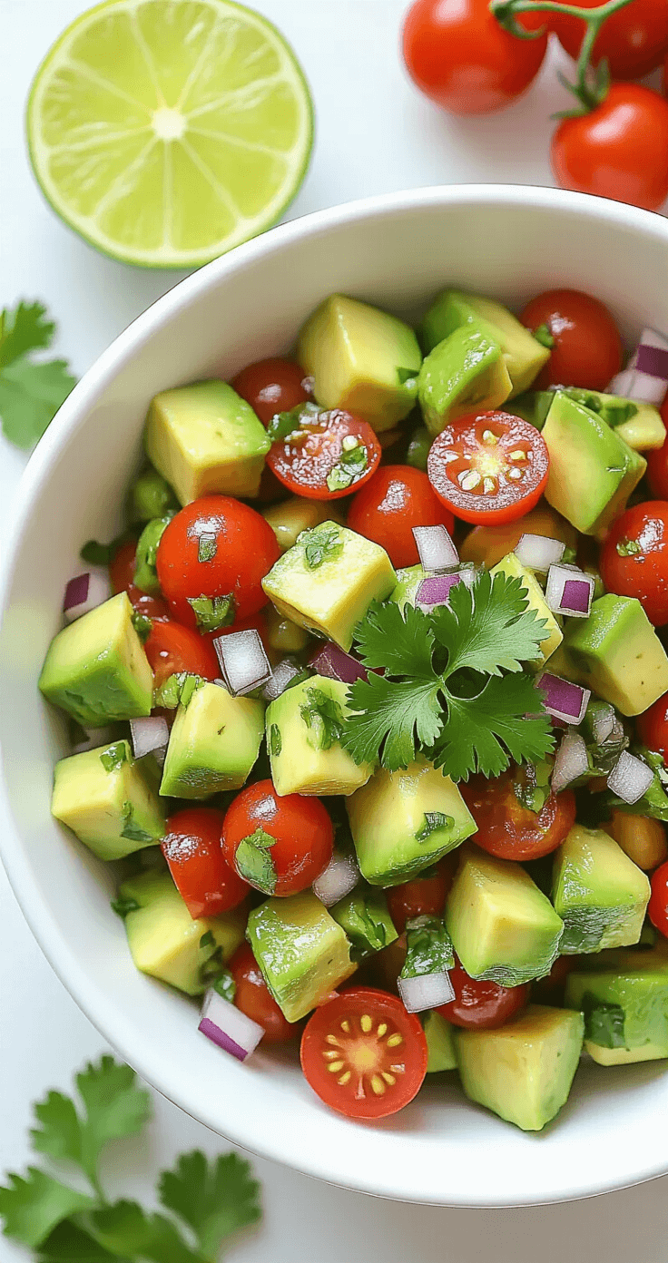 Gegrilde Kip met Avocado Salsa – Fris, Gezond en in 25 Minuten Klaar Vibrante overheadfoto van verse avocado salsa in een wit keramisch kom, met groene avocado, rode cherrytomaten, rode ui, limoen, koriander en jalapeño, verlicht door natuurlijk daglicht.