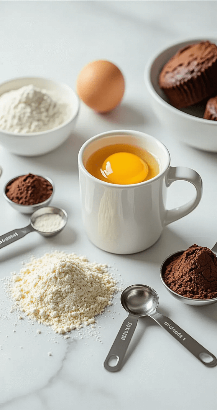 Keto Chocolade Mokcake: Klaar in 5 Minuten Close-up of a pristine kitchen counter with meticulously arranged keto baking ingredients including almond flour, dark cocoa powder, and a cracked room-temperature egg, illuminated by soft morning light, featuring stainless steel measuring spoons and a white ceramic mug in a clean Dutch minimalist style.