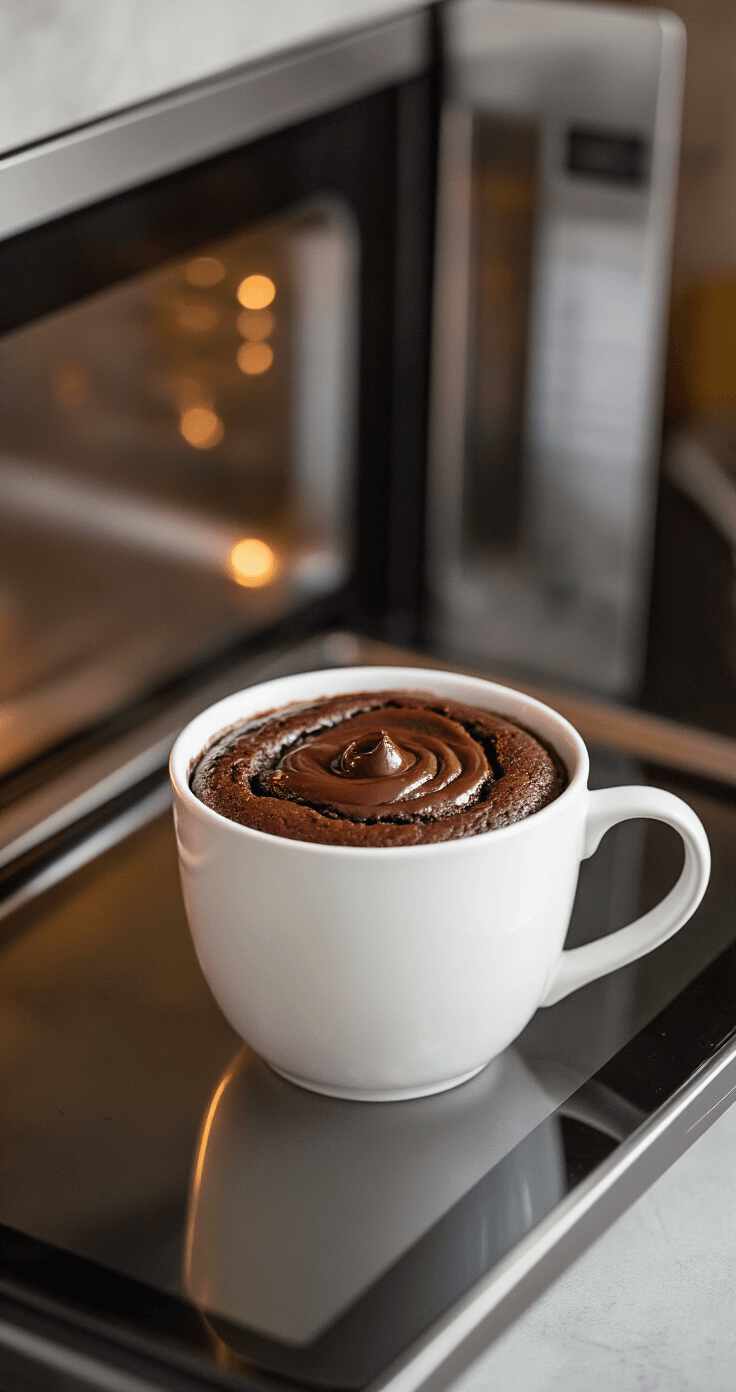 Keto Chocolade Mokcake: Klaar in 5 Minuten Dramatisch bovenaanzicht van een witte keramische mok met rijke, glanzende chocolademassa die rijst in een moderne, roestvrijstalen magnetron, met lichte stoom en onscherpe keukenachtergrond.