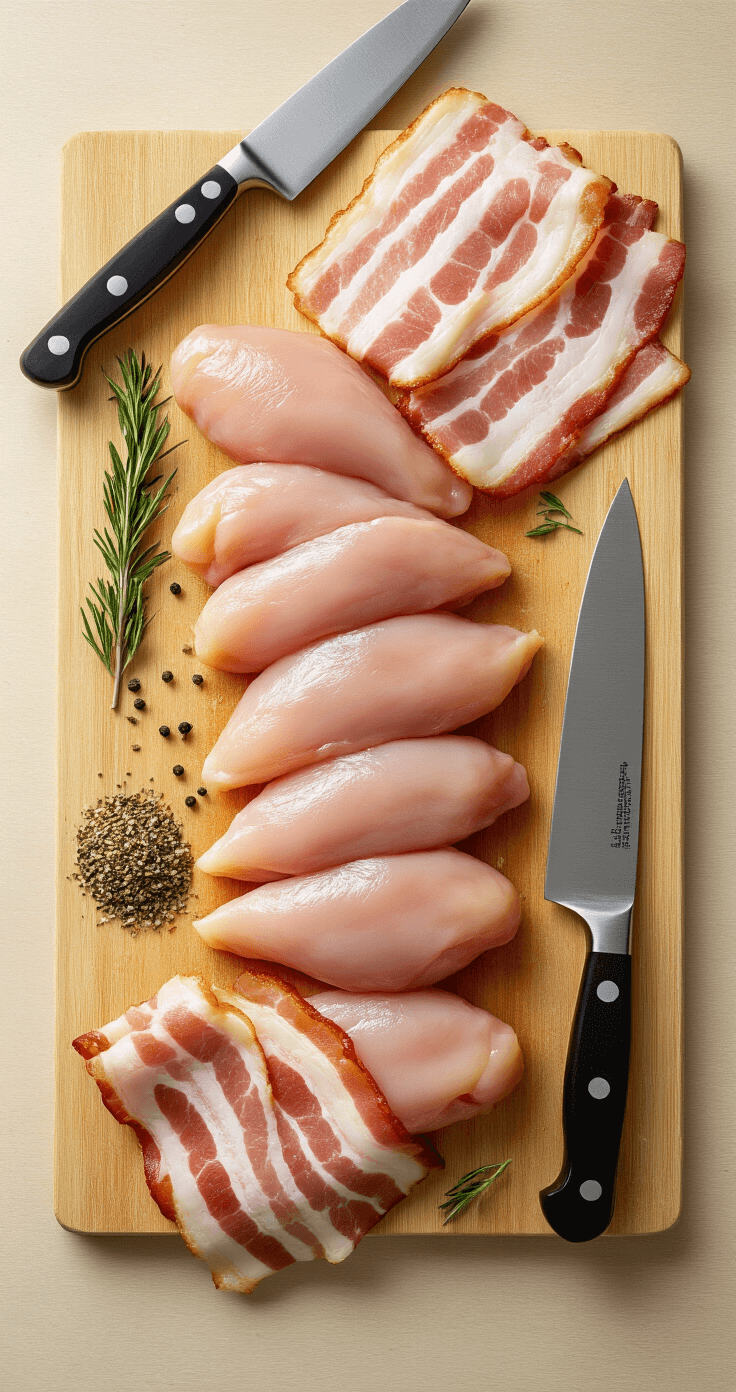 Kip Omwikkeld met Spek: Het Ultieme Recept voor Sappige, Knapperige Perfectie Ultra-detailed overhead view of a pristine kitchen workspace with raw chicken breasts, bacon strips, herbs, and spices, showcasing meticulous preparation under soft natural light.