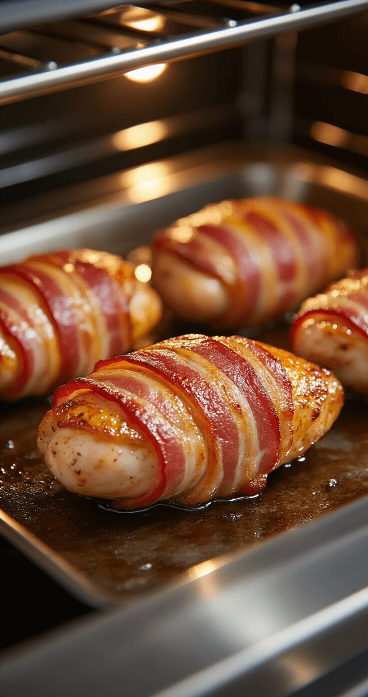 Kip Omwikkeld met Spek: Het Ultieme Recept voor Sappige, Knapperige Perfectie Dramatische close-up van perfect gebakken, met spek omhulde kipfilets in een professionele roestvrijstalen oven. Goudbruin en krokant spek met glanzend vet en licht gekarameliseerde randen. Zachte, warme oventoi creëert een uitnodigende sfeer, met een thermometer in de hoek. Details van de textuur van het vlees en het spek benadrukken de perfecte kooktransformatie. Professionele keuken esthetiek met zachte schaduwen en verzorgde voedselstyling.