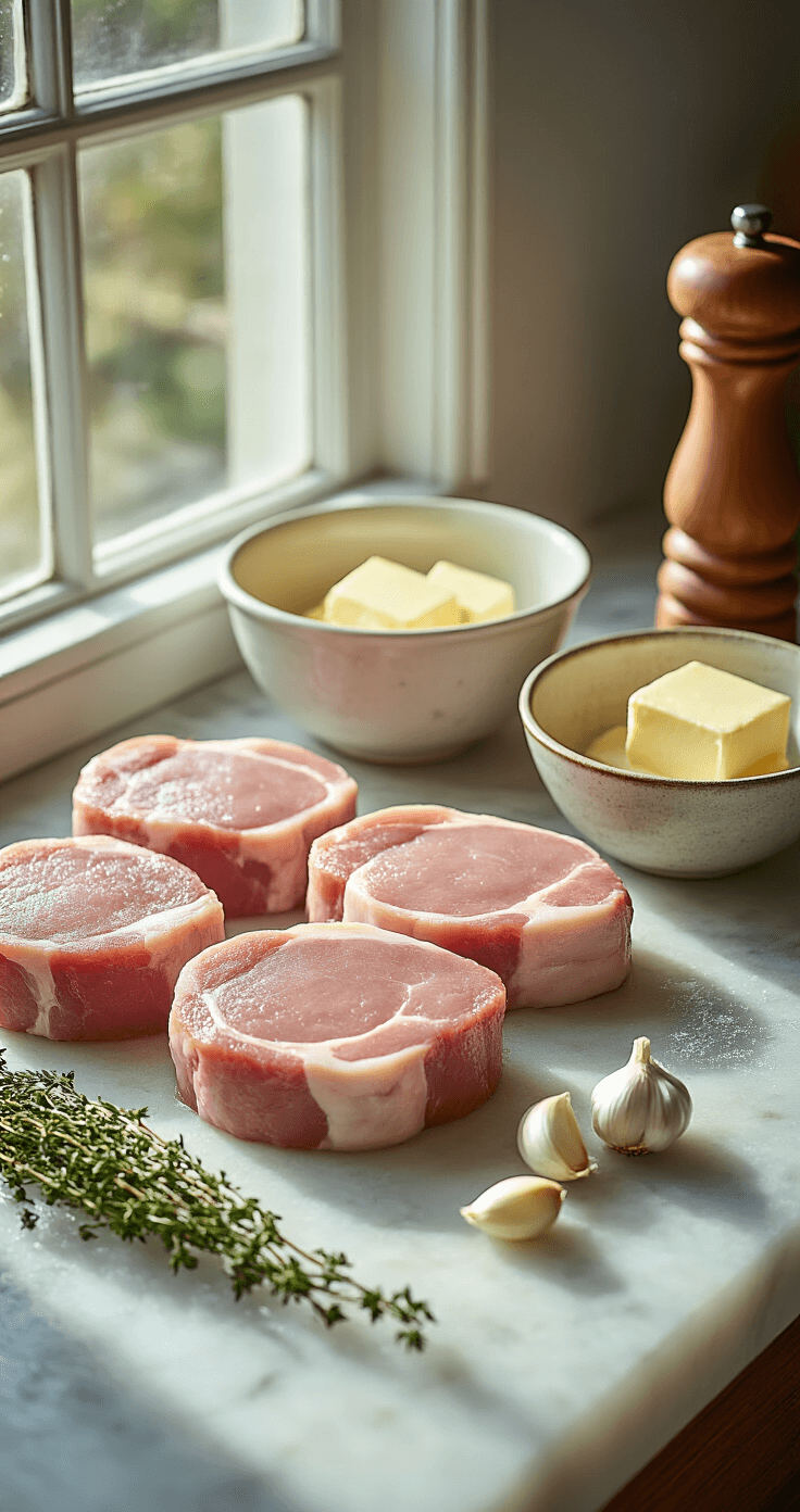 Keto Varkenskoteletten met Knoflookboter: Sappig Mals in 30 Minuten Rustieke keuken countertop met zorgvuldig gerangschikte ingrediënten voor keto varkenskoteletten, waaronder vier dikke roze varkenskoteletten, een vintage keramische kom met zachte boter, verse teentjes knoflook, takjes tijm, een houten zoutmolen en een zwarte pepermolen, verlicht door zacht ochtendlicht dat dramatische schaduwen op het marmeren oppervlak creëert.